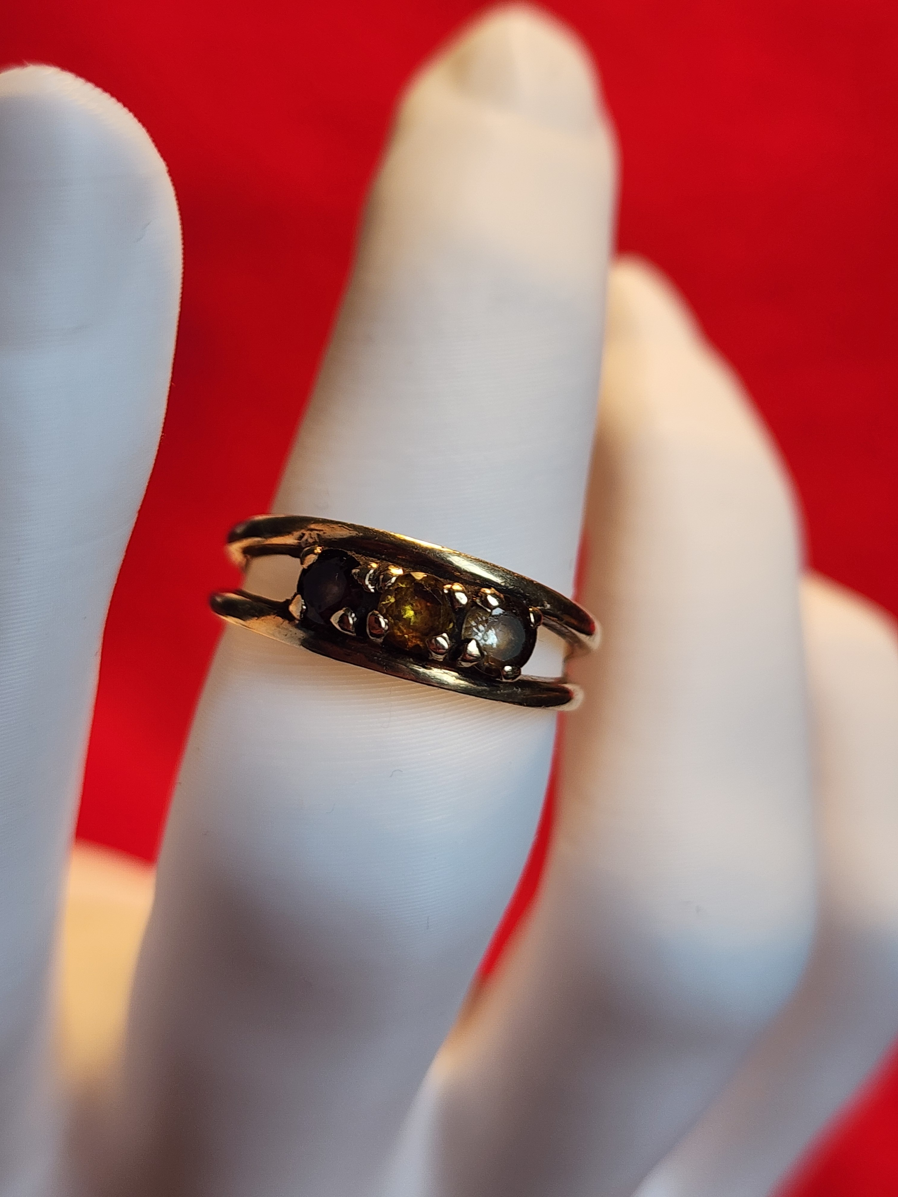 10k Gold Ring With Three Brown Diamonds.